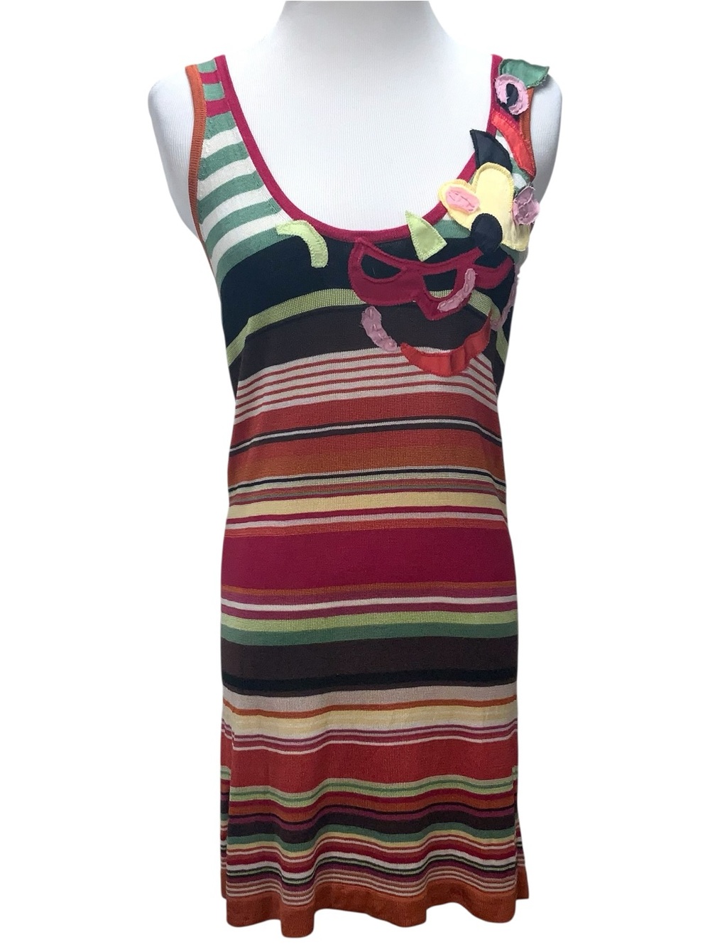 Kenzo Striped Knit Silk Tank Dress Appliqué Size L Scoop Neck Multicolor